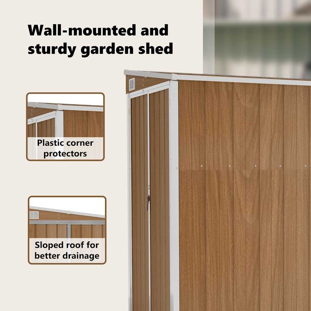 vidaXL Αποθήκη Κήπου Επιτοίχια Καφέ 118x194x178 εκ. από Γαλβ. Ατσάλι