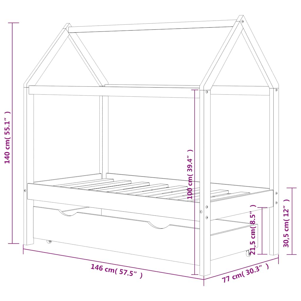 vidaXL Πλαίσιο Κρεβατιού Παιδικό με Συρτάρι Σκ. Γκρι 70x140 εκ. Πεύκο