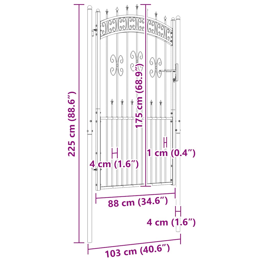 vidaXL Πόρτα Περίφραξης με Κορυφή Δόρυ Μαύρη 103x175 εκ. από Ατσάλι με Ηλεκτροστατική Βαφή