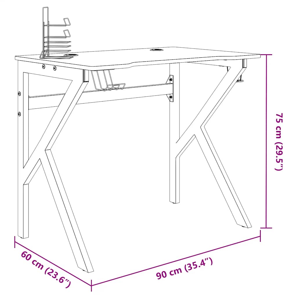 vidaXL Γραφείο Gaming Μαύρο 90 x 60 x 75 εκ. με Πόδια σε Σχήμα Κ