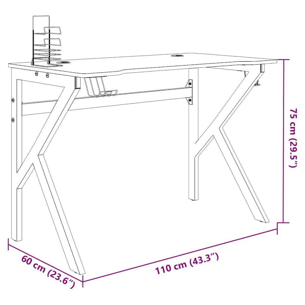 vidaXL Γραφείο Gaming Μαύρο 110 x 60 x 75 εκ. με Πόδια σε Σχήμα Κ
