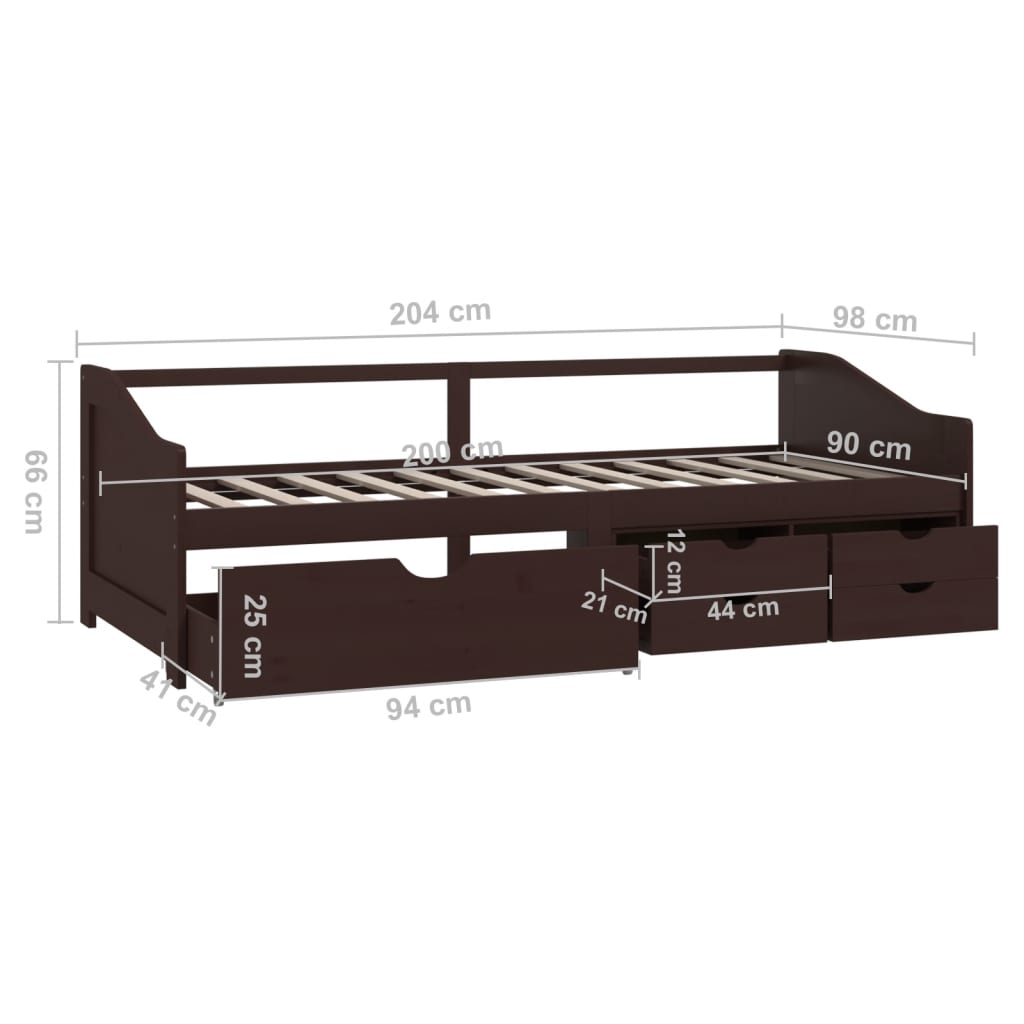 vidaXL Καναπές Κρεβάτι 3 Θέσεων Συρτάρια Σκ. Καφέ 90x200εκ Μασίφ Πεύκο