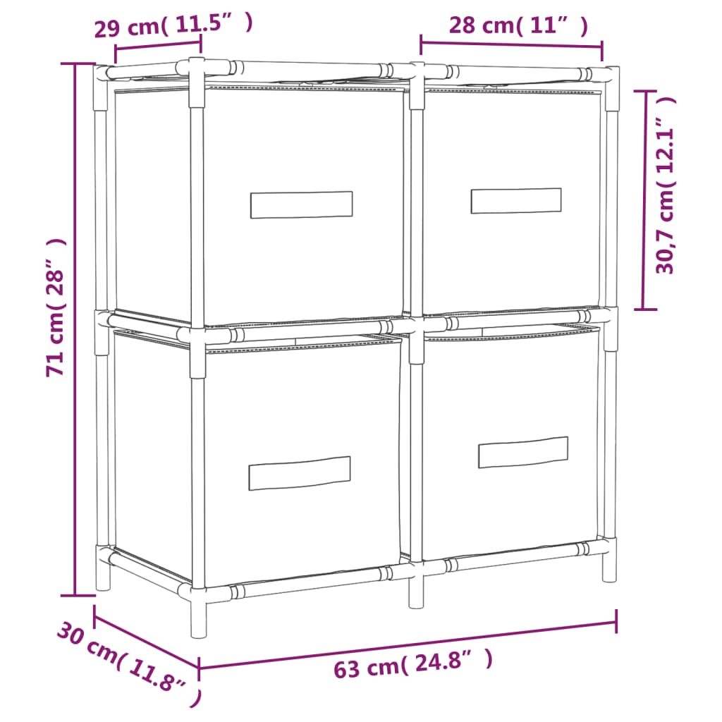 vidaXL Ντουλάπι με 4 Υφασμάτινα Καλάθια Κρεμ 63x30x71 εκ. από Ατσάλι