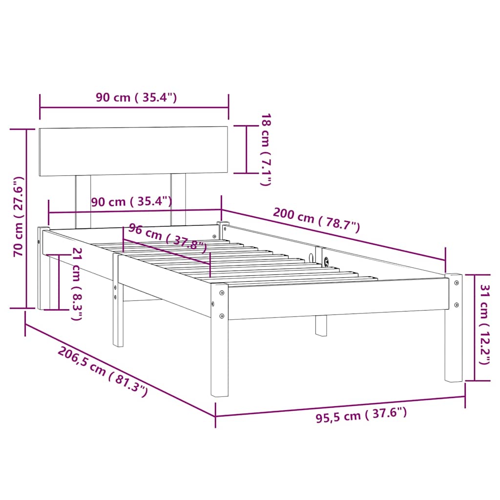 vidaXL Πλαίσιο Κρεβατιού 90 x 200 εκ. από Μασίφ Ξύλο Πεύκου