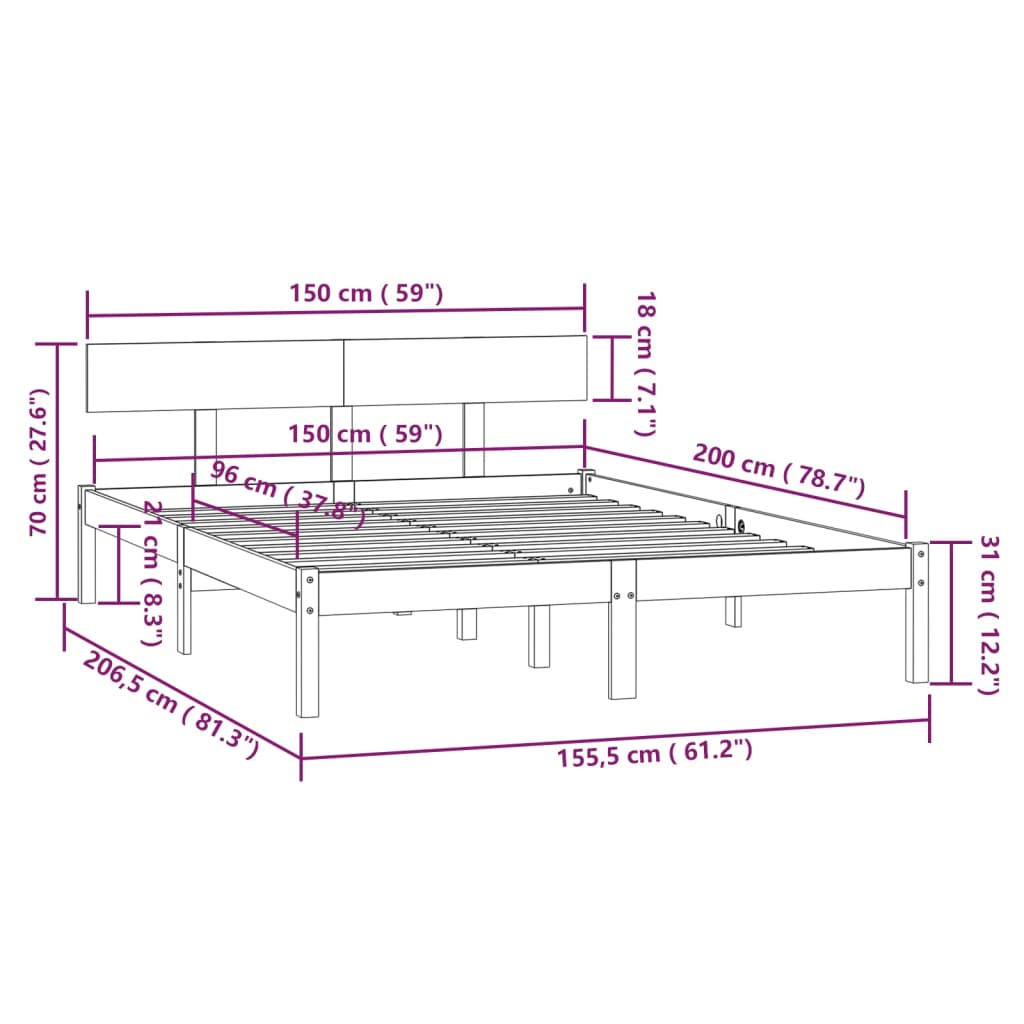 vidaXL Πλαίσιο Κρεβατιού Γκρι 150 x 200εκ. Μασίφ Ξύλο Πεύκου King Size