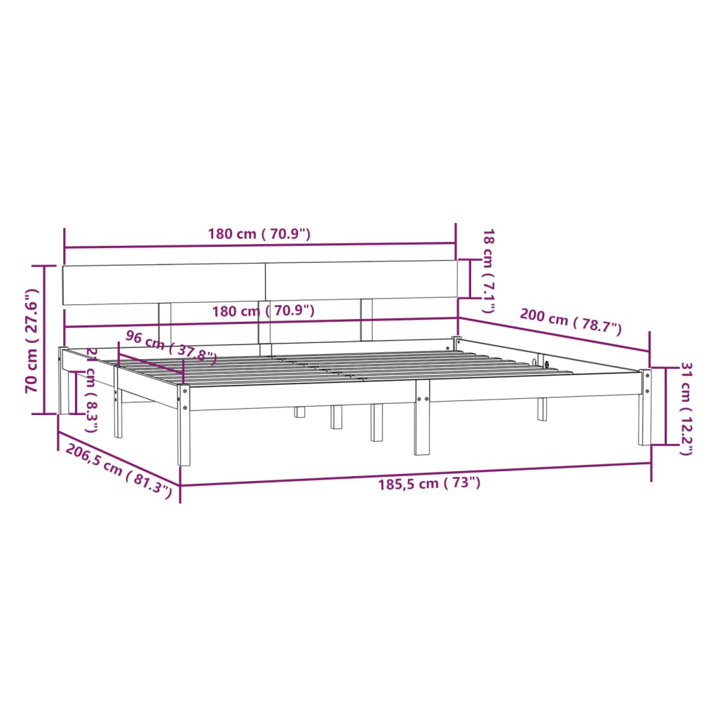 vidaXL Πλαίσιο Κρεβατιού Μαύρο 180x200 εκ. Μασίφ Πεύκο Super King Size
