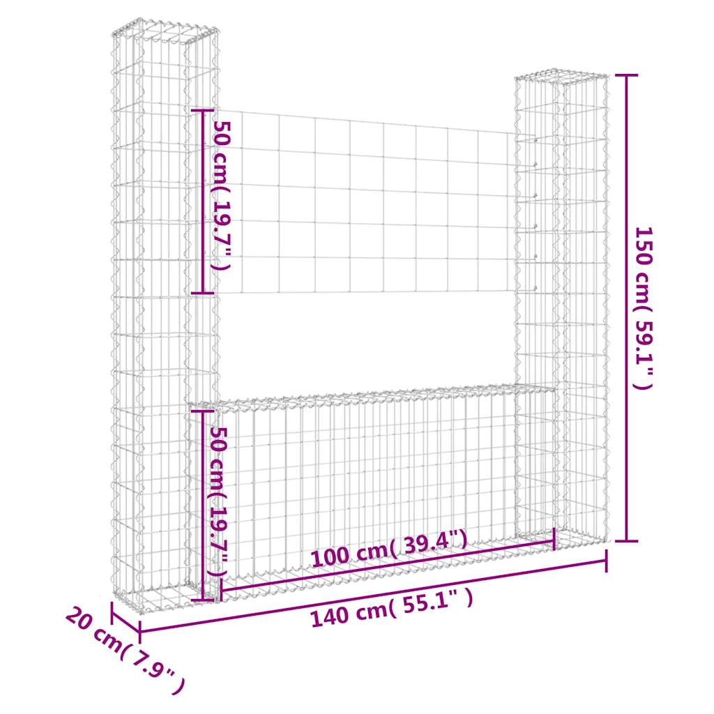 vidaXL Συρματοκιβώτιο σε U Σχήμα με 2 Στύλους 140x20x150 εκ. Σιδερένιο