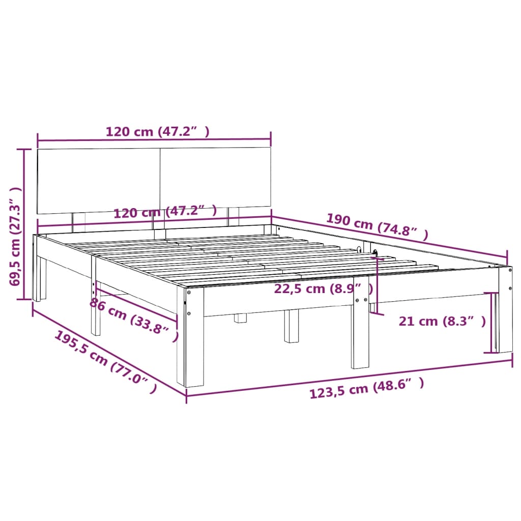 vidaXL Πλαίσιο Κρεβατιού 120 x 190 εκ. από Μασίφ Ξύλο Small Double