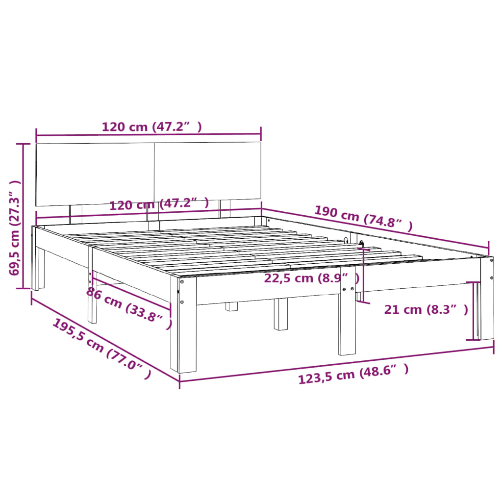 vidaXL Πλαίσιο Κρεβατιού Λευκό 120x190 εκ. Μασίφ Ξύλο Small Double