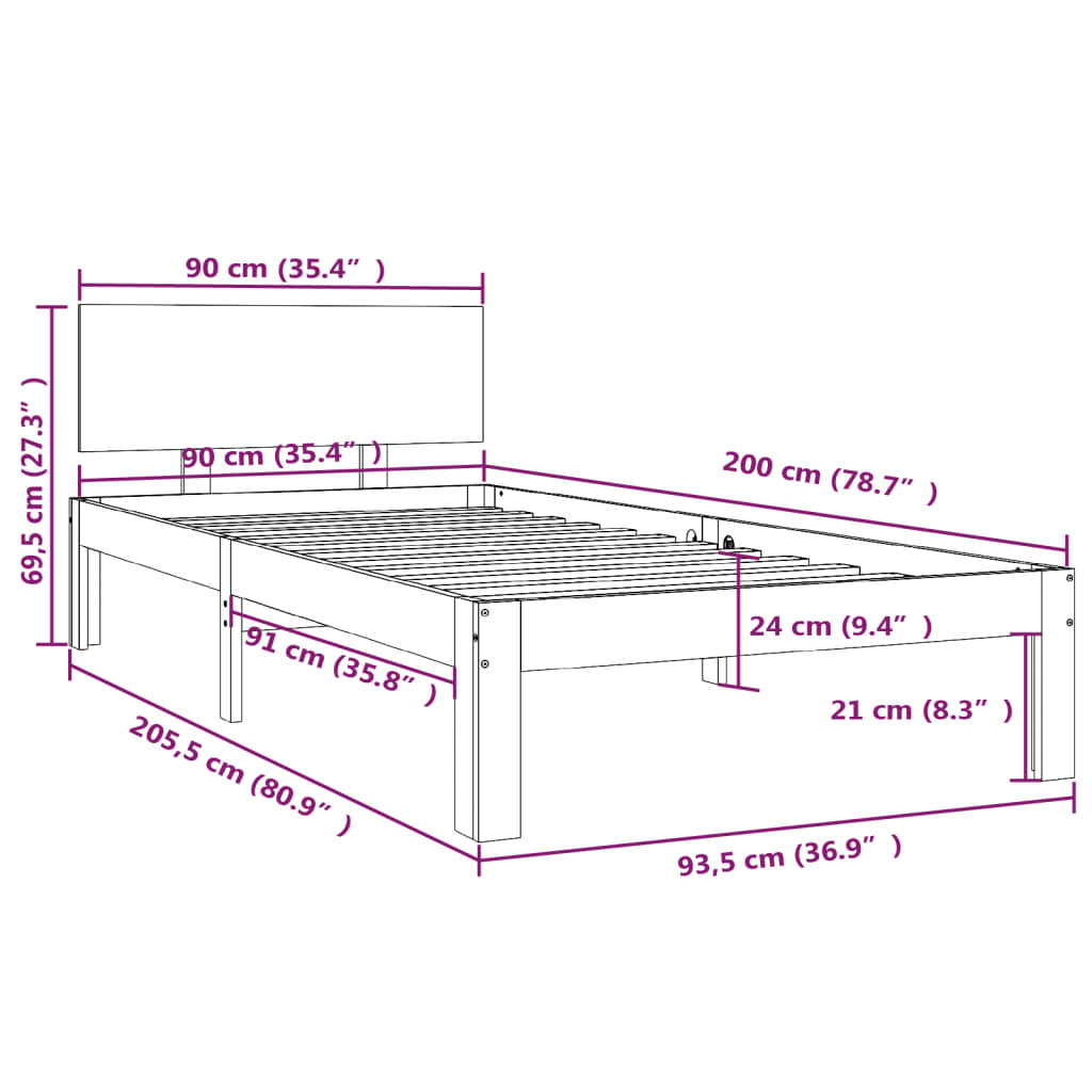 vidaXL Πλαίσιο Κρεβατιού Λευκό 90 x 200 εκ. από Μασίφ Ξύλο Πεύκου