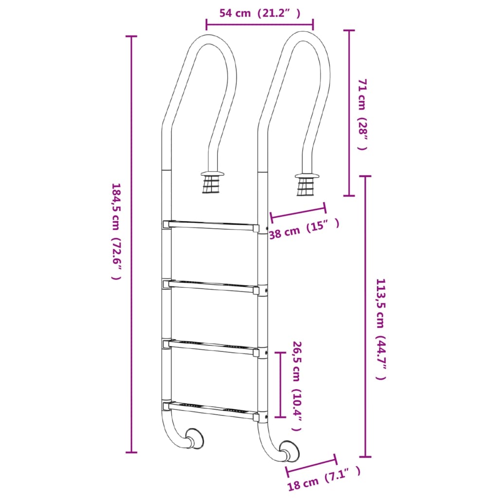 vidaXL Σκάλα Πισίνας 54 x 38 x 184,5 εκ. από Ανοξείδωτο Ατσάλι 304