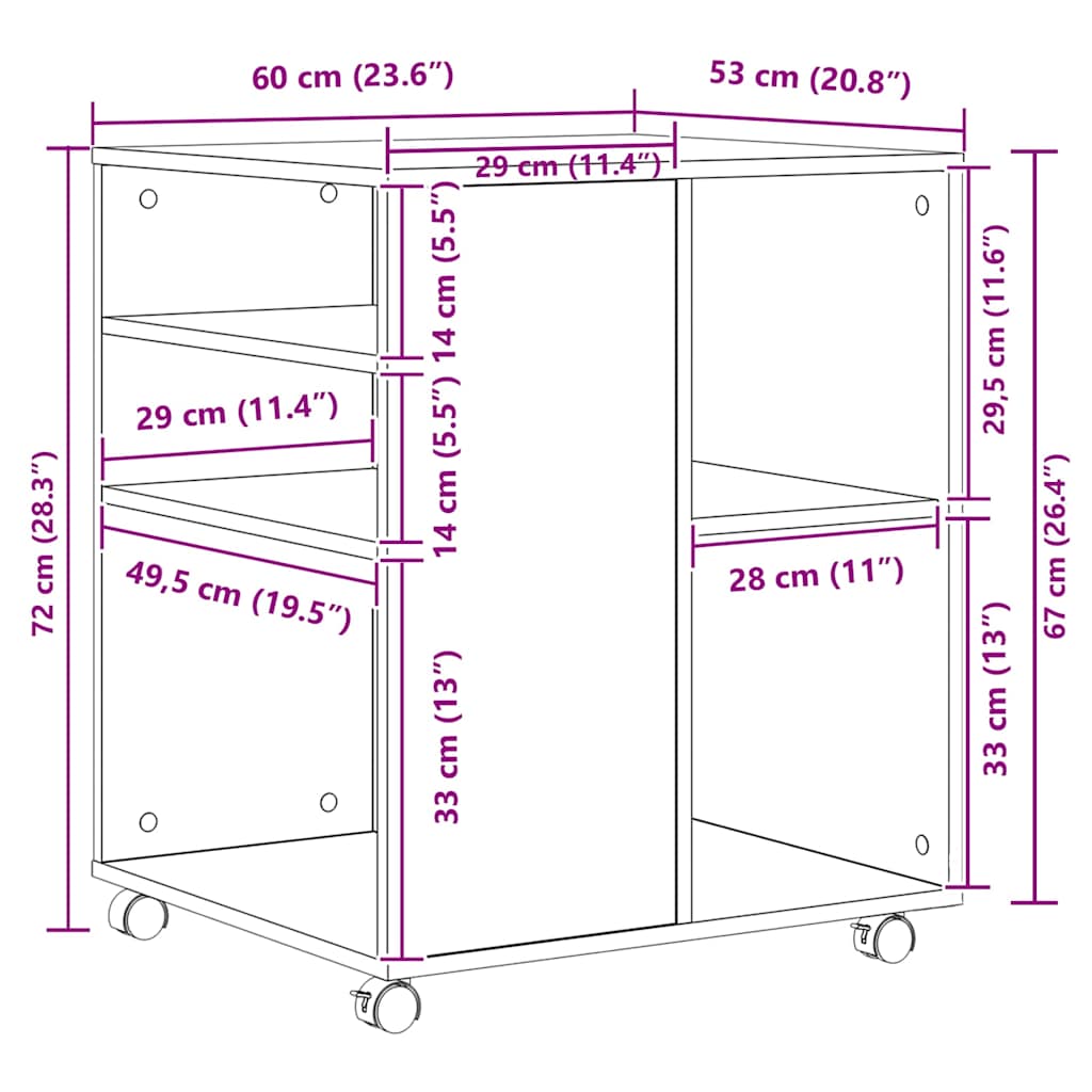 vidaXL Ντουλάπι Με Ροδάκια Καπνιστή Δρυς 60x53x72 εκ. Επεξεργ. Ξύλο