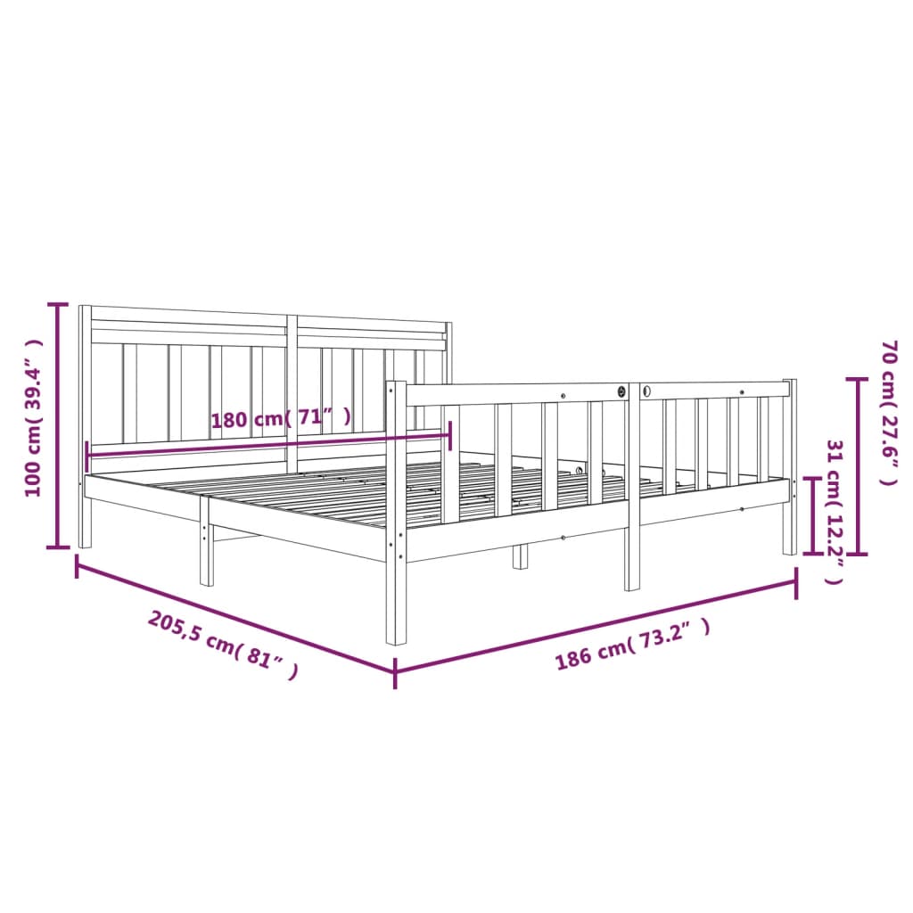 vidaXL Πλαίσιο Κρεβατιού 180 x 200 εκ. Μασίφ Ξύλο Super King Size