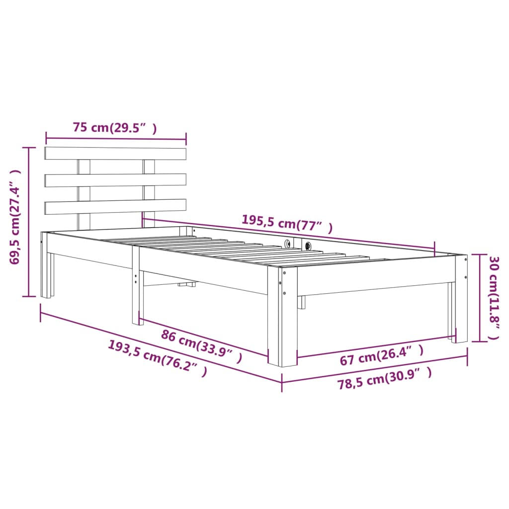 vidaXL Πλαίσιο Κρεβατιού Λευκό 75x190 εκ. Μασίφ Ξύλο Small Single