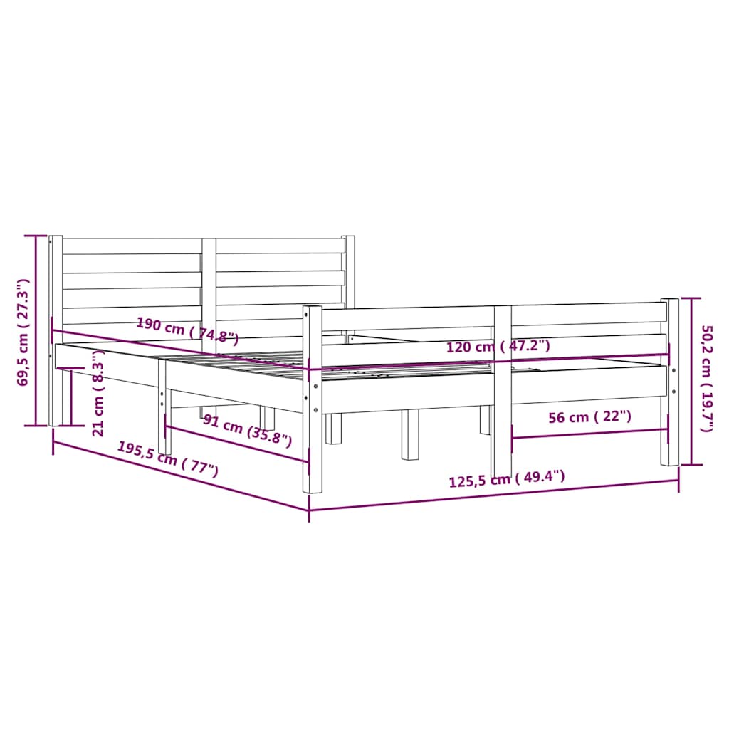 vidaXL Πλαίσιο Κρεβατιού Μελί 120x190 εκ. Μασίφ Ξύλο Small Double