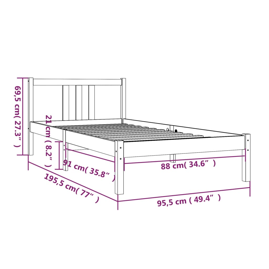 vidaXL Πλαίσιο Κρεβατιού 90 x 190 εκ. από Μασίφ Ξύλο Single