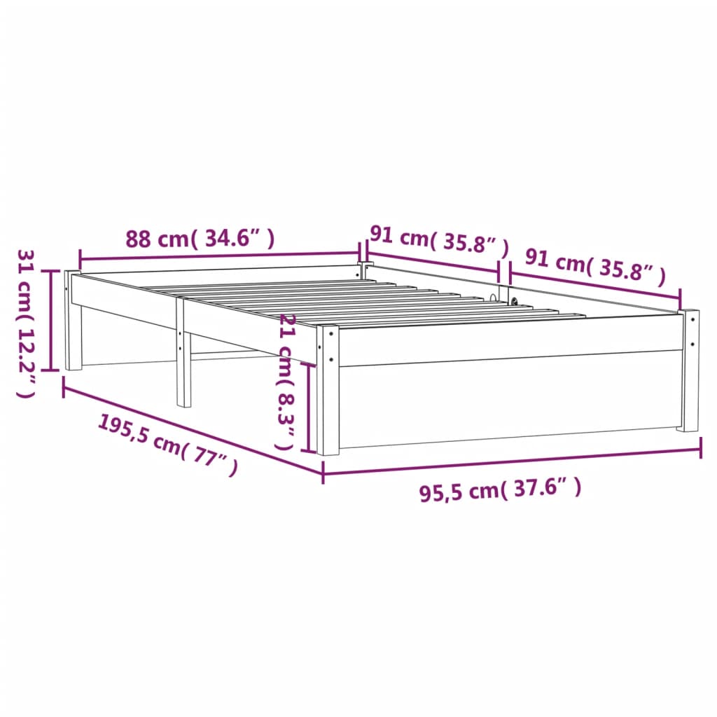 vidaXL Πλαίσιο Κρεβατιού Μελί 90 x 190 εκ. από Μασίφ Ξύλο Single