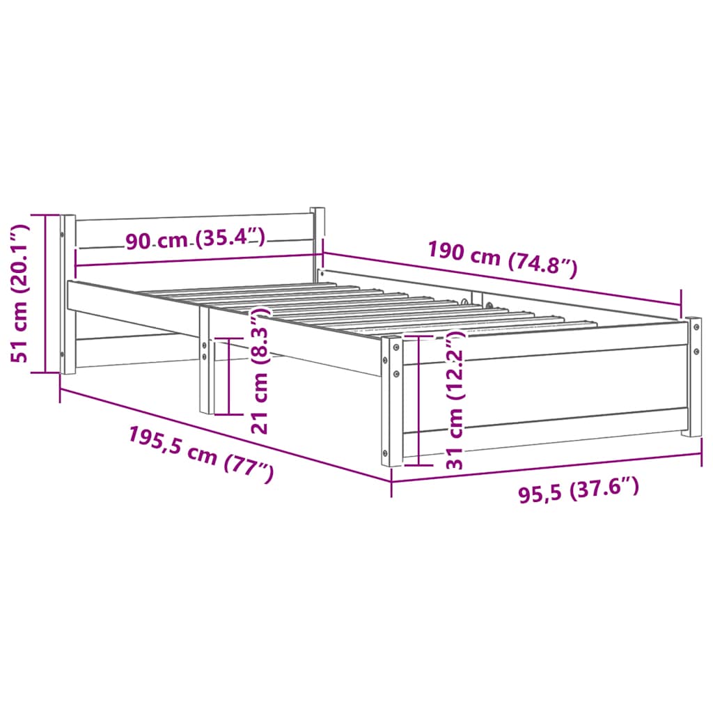 vidaXL Πλαίσιο Κρεβατιού Λευκό 90 x 190 εκ. Μασίφ Ξύλο Single