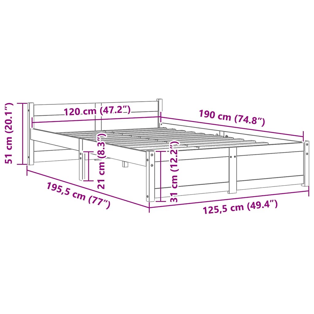 vidaXL Πλαίσιο Κρεβατιού Λευκό 120x190 εκ. Μασίφ Ξύλο Small Double