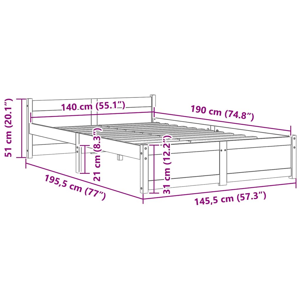 vidaXL Πλαίσιο Κρεβατιού Λευκό 140 x 190 εκ. από Μασίφ Ξύλο