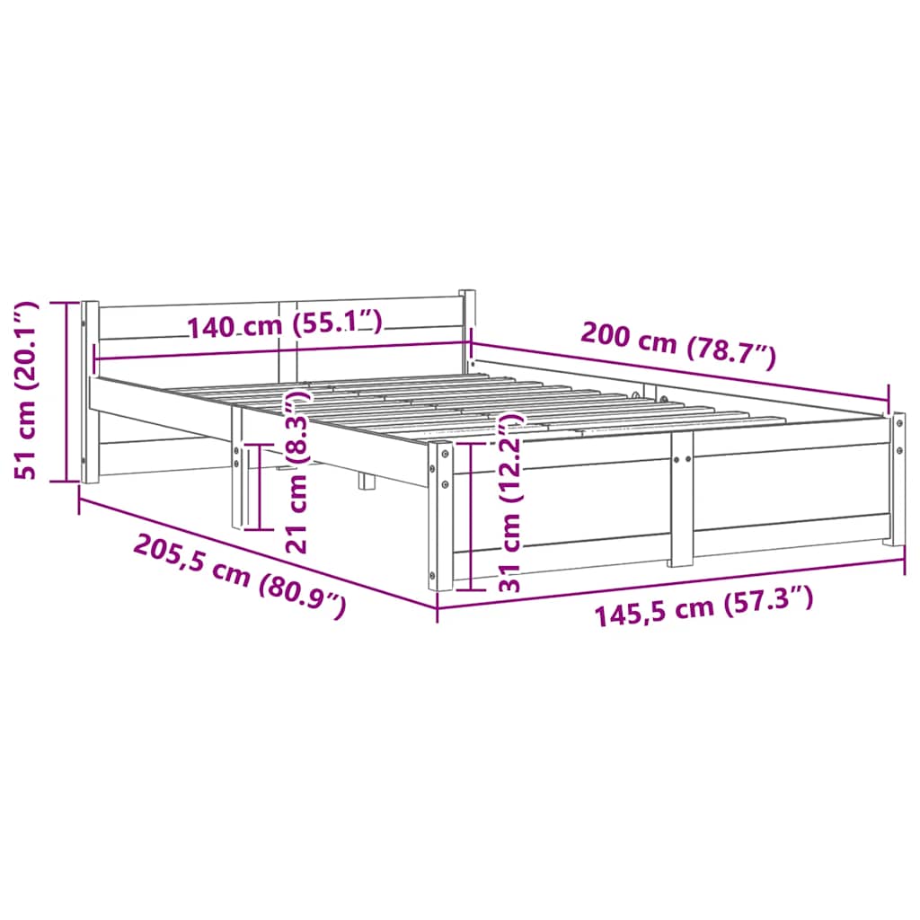 vidaXL Πλαίσιο Κρεβατιού Λευκό 140 x 200 εκ. από Μασίφ Ξύλο