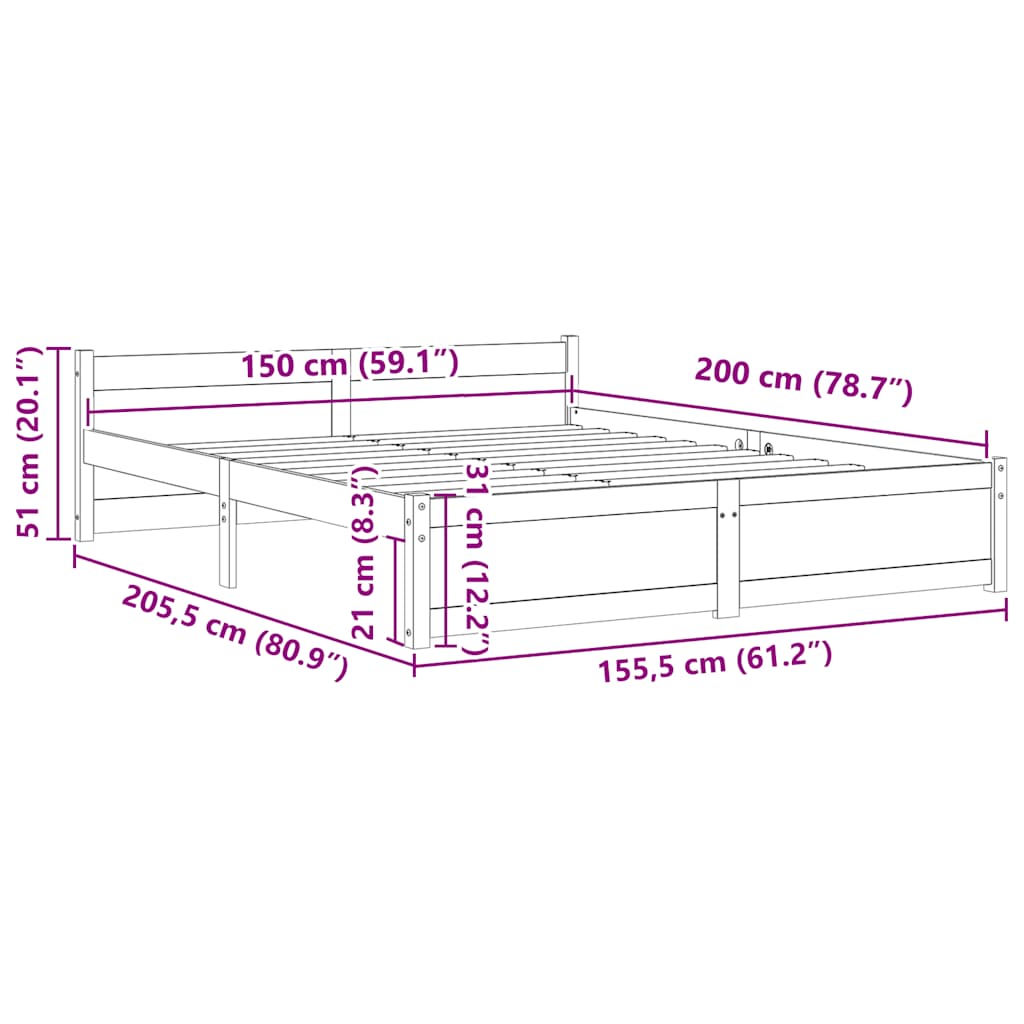 vidaXL Πλαίσιο Κρεβατιού Λευκό 150 x 200 εκ. Μασίφ Ξύλο King Size