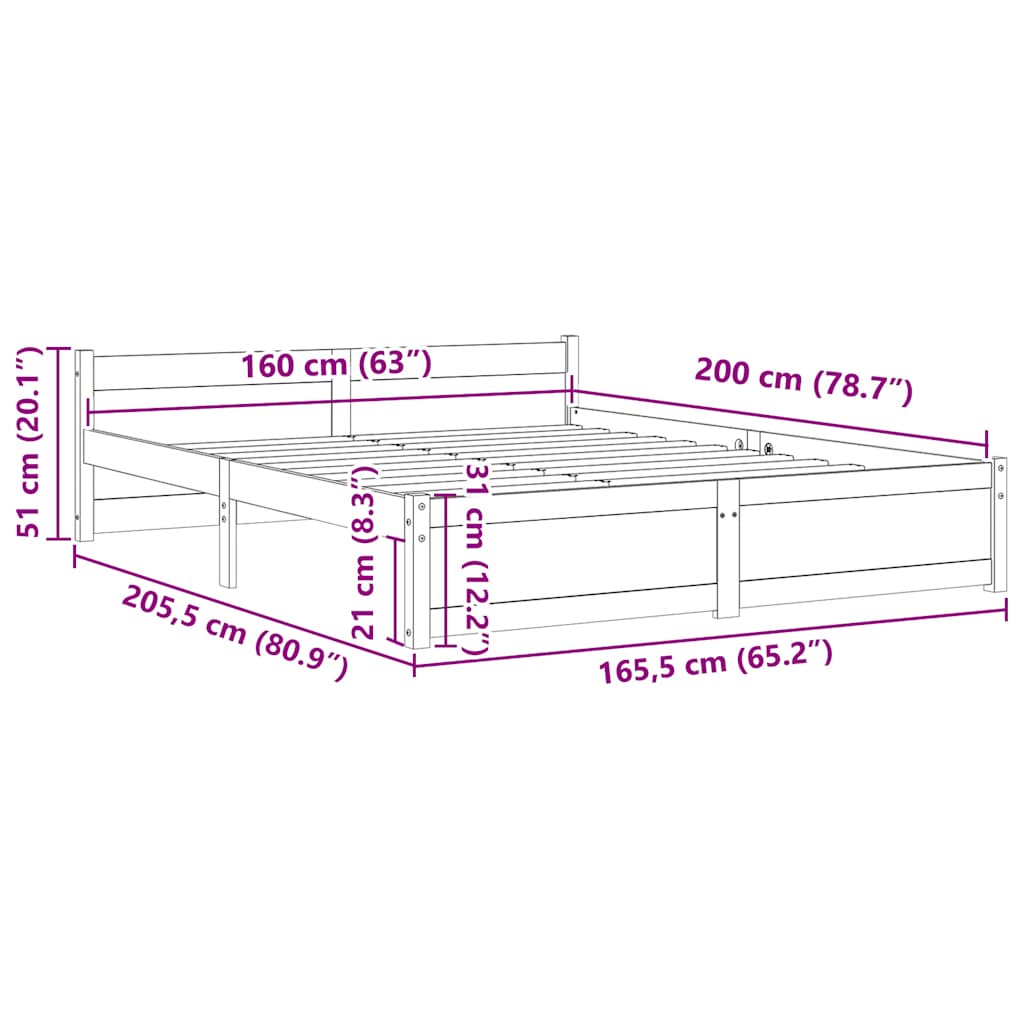 vidaXL Σκελετός Κρεβατιού Χωρίς Στρώμα 160x200 εκ Μασίφ Ξύλο