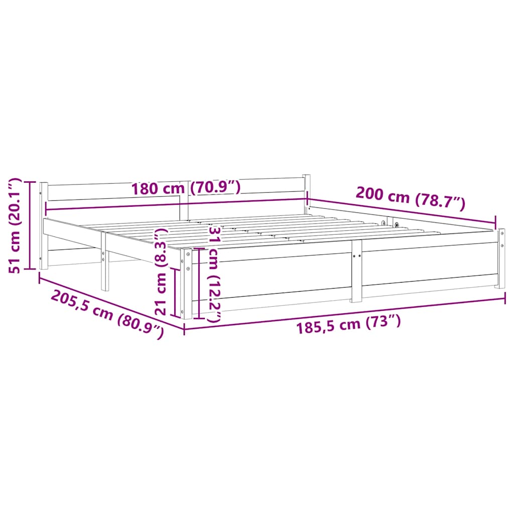 vidaXL Πλαίσιο Κρεβατιού Λευκό 180 x 200 εκ. Μασίφ Ξύλο Super King