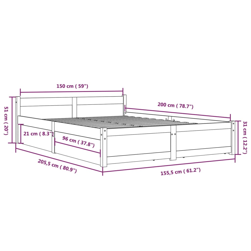 vidaXL Πλαίσιο Κρεβατιού Λευκό 150 x 200 εκ. Μασίφ Ξύλο King Size
