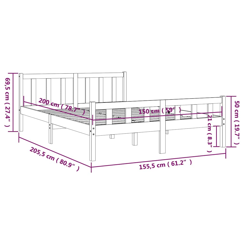 vidaXL Πλαίσιο Κρεβατιού Μελί 150 x 200 εκ. Μασίφ Ξύλο King Size