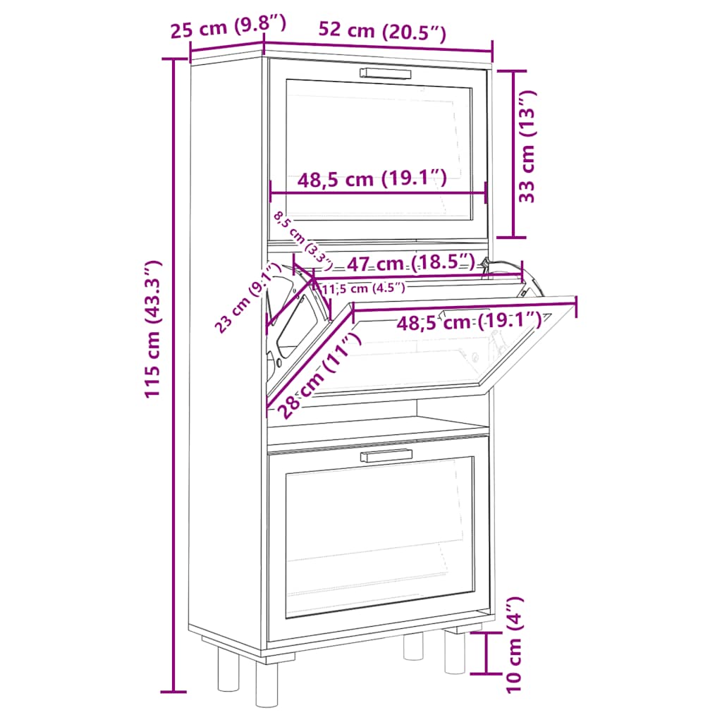 vidaXL Παπουτσοθήκη Μαύρη 52x25x115 εκ Επεξεργασμένο Ξύλο&Φυσικό Ρατάν