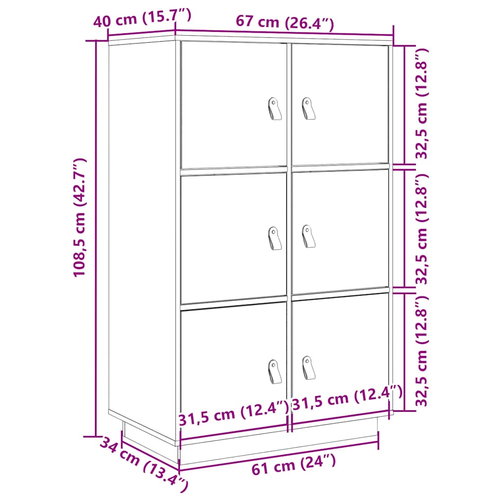 vidaXL Ντουλάπι Ψηλό Λευκό 67 x 40 x 108,5 εκ. από Μασίφ Ξύλο Πεύκου