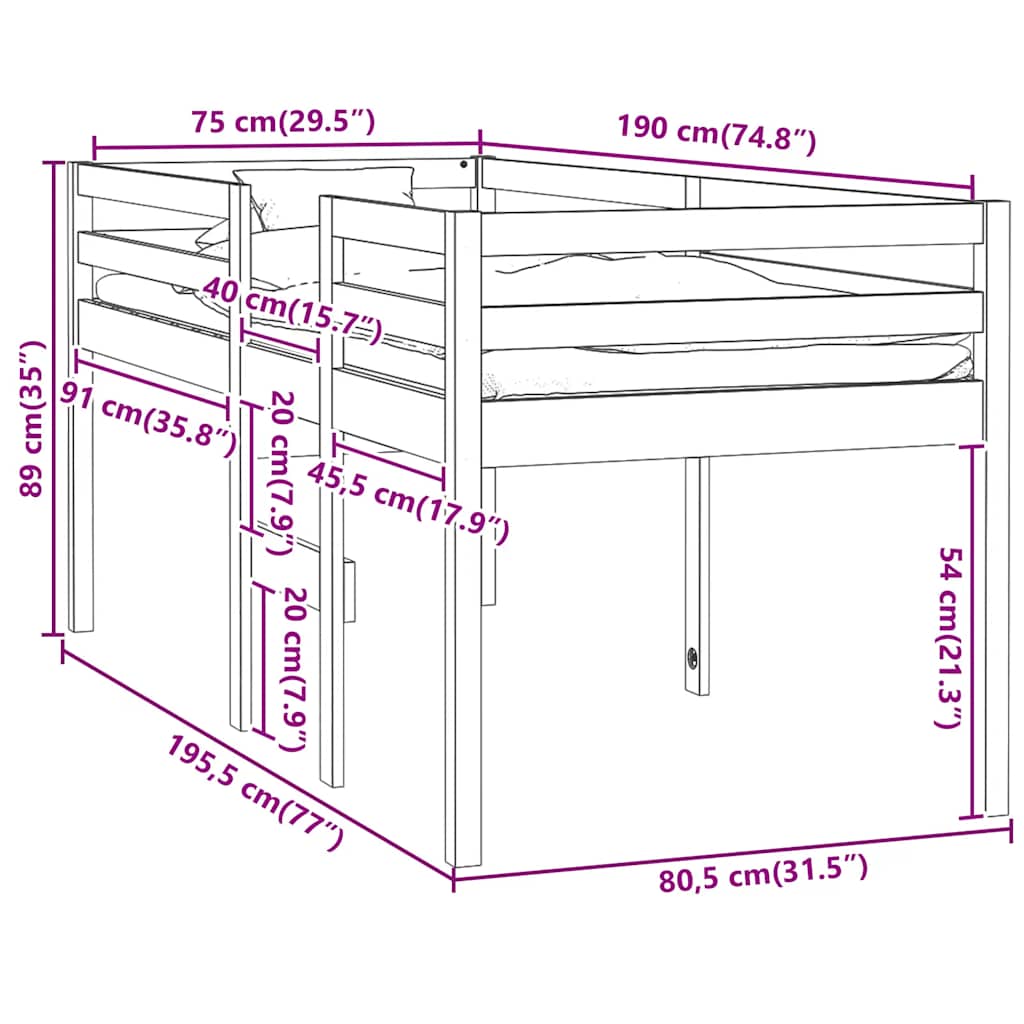 vidaXL Κρεβάτι Υπερυψωμένο 75x190 εκ. από Μασίφ Ξύλο Πεύκου