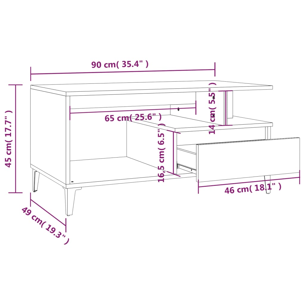 vidaXL Τραπεζάκι Σαλονιού Sonoma Δρυς 90x49x45 εκ. Επεξεργασμένο Ξύλο