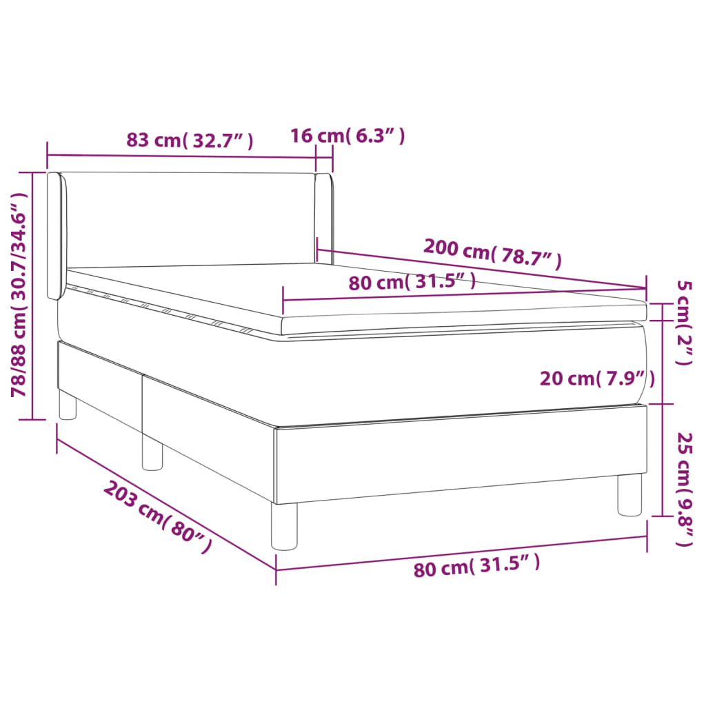 vidaXL Κρεβάτι Boxspring με Στρώμα Σκούρο Καφέ 80x200 εκ. Υφασμάτινο