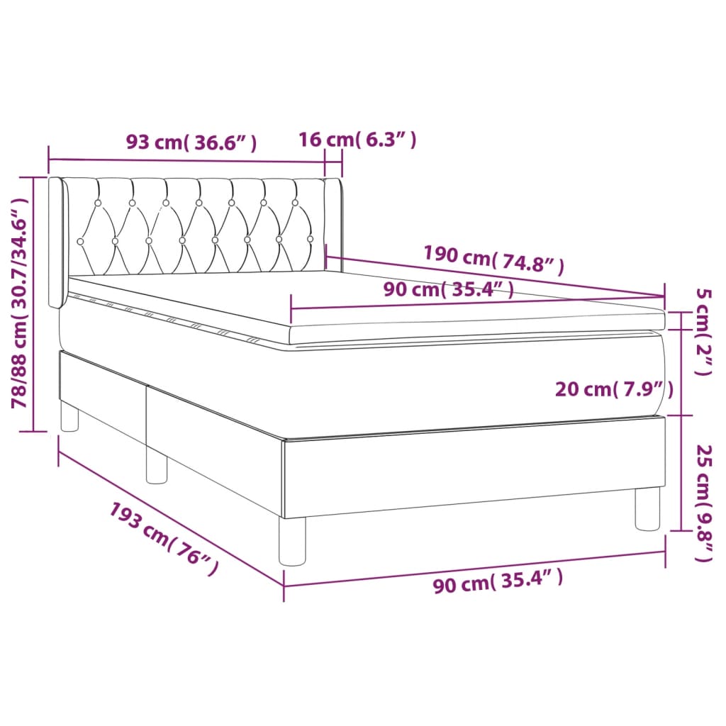 vidaXL Κρεβάτι Boxspring με Στρώμα Μαύρο 90x190 εκ.Υφασμάτινο