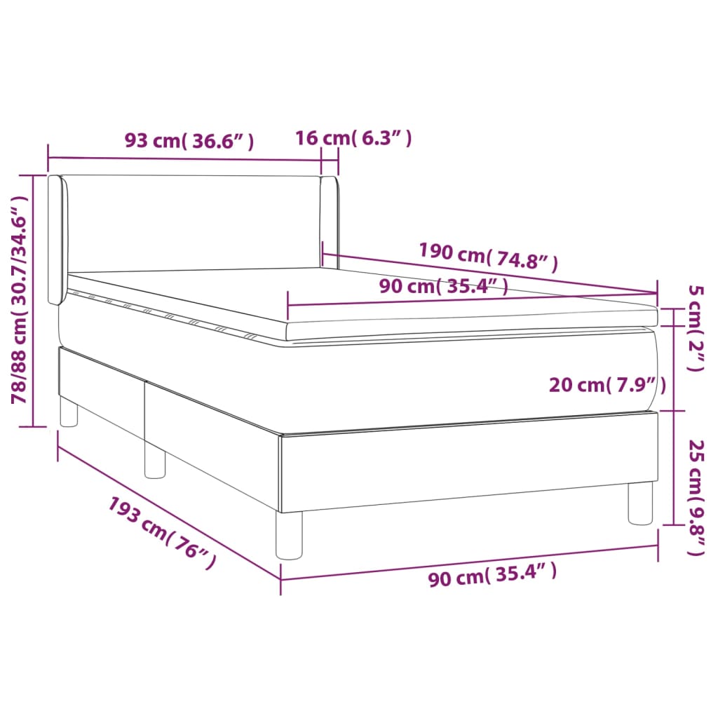 vidaXL Κρεβάτι Boxspring με Στρώμα Γκρι 90x190 εκ. από Συνθετικό Δέρμα