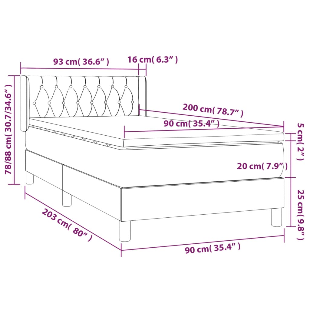 vidaXL Κρεβάτι Boxspring με Στρώμα Ανοιχτό Γκρι 90x200 εκ. Βελούδινο
