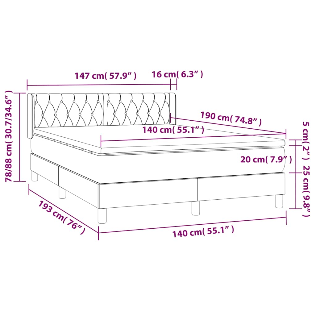 vidaXL Κρεβάτι Boxspring με Στρώμα Σκούρο Μπλε 140x190 εκ. Βελούδινο