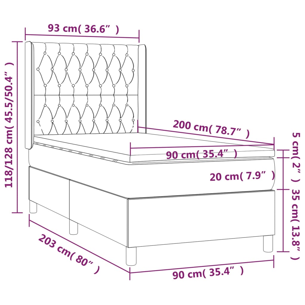 vidaXL Κρεβάτι Boxspring με Στρώμα Μαύρο 90x200 εκ. Βελούδινο