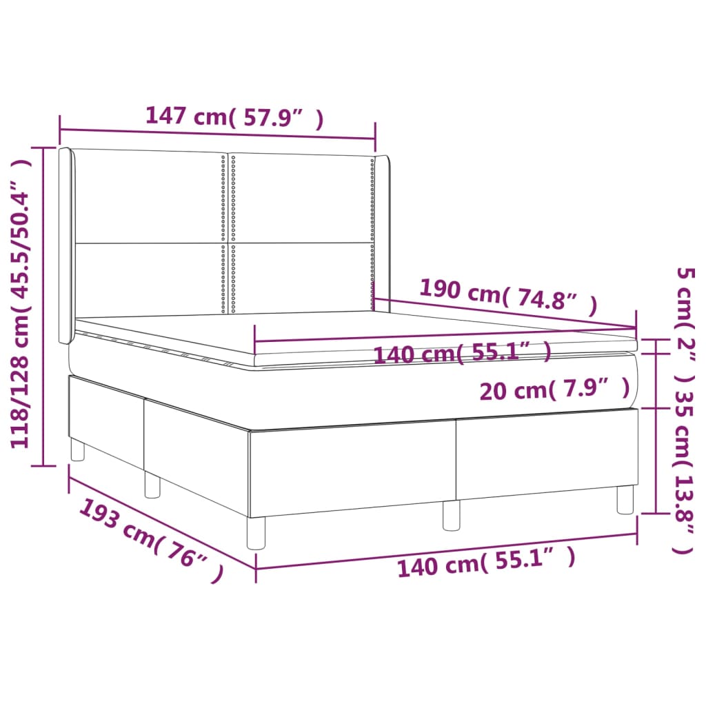 vidaXL Κρεβάτι Boxspring με Στρώμα & LED Σκ.Καφέ 140x190εκ. Υφασμάτινο