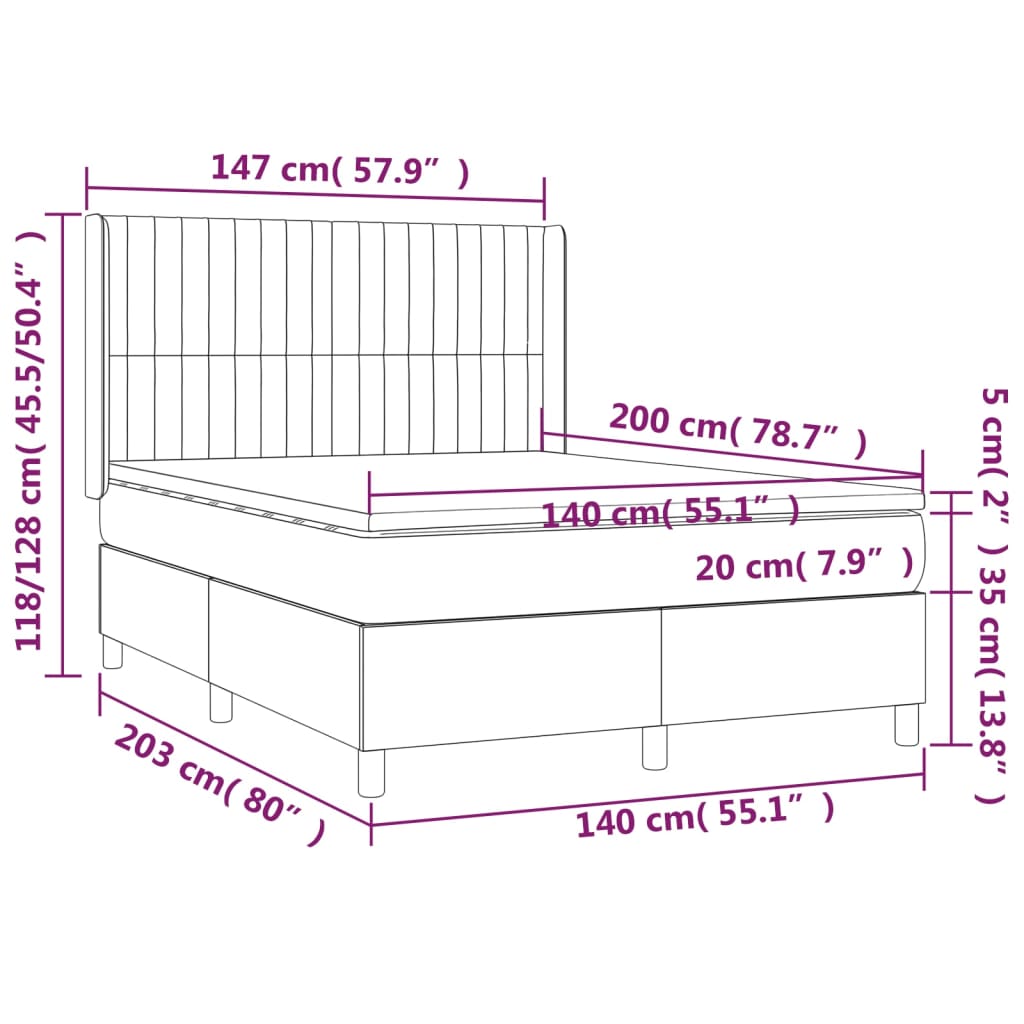 vidaXL Κρεβάτι Boxspring με Στρώμα & LED Σκ.Γκρι 140x200 εκ Υφασμάτινο