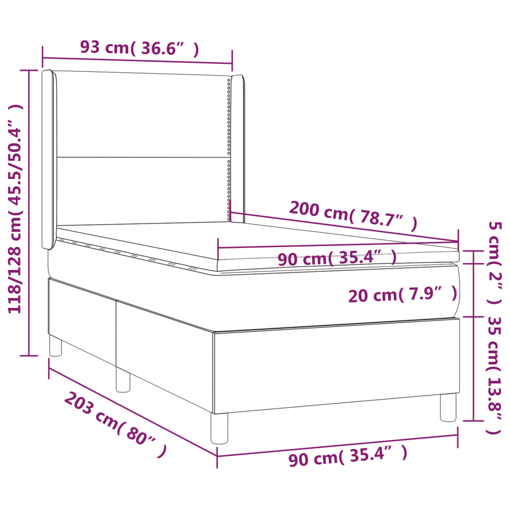 vidaXL Κρεβάτι Boxspring με Στρώμα & LED Σκ.Καφέ 90x200 εκ. Υφασμάτινο