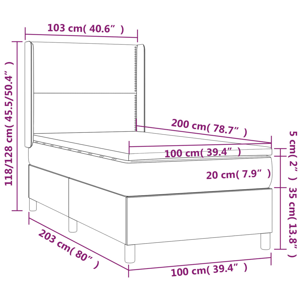 vidaXL Κρεβάτι Boxspring με Στρώμα & LED Κρεμ 100x200 εκ. Υφασμάτινο