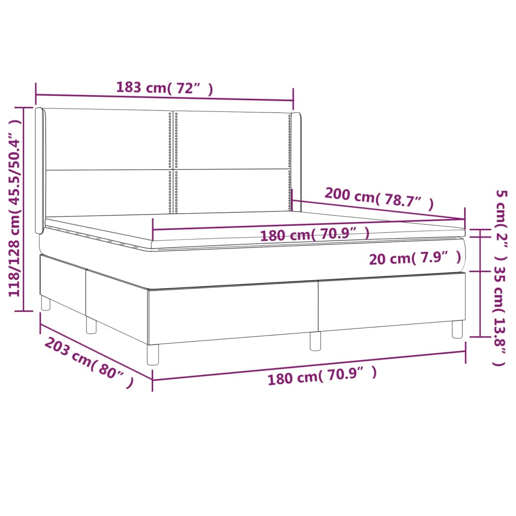 vidaXL Κρεβάτι Boxspring με Στρώμα & LED Αν.Γκρι 180x200εκ. Υφασμάτινο