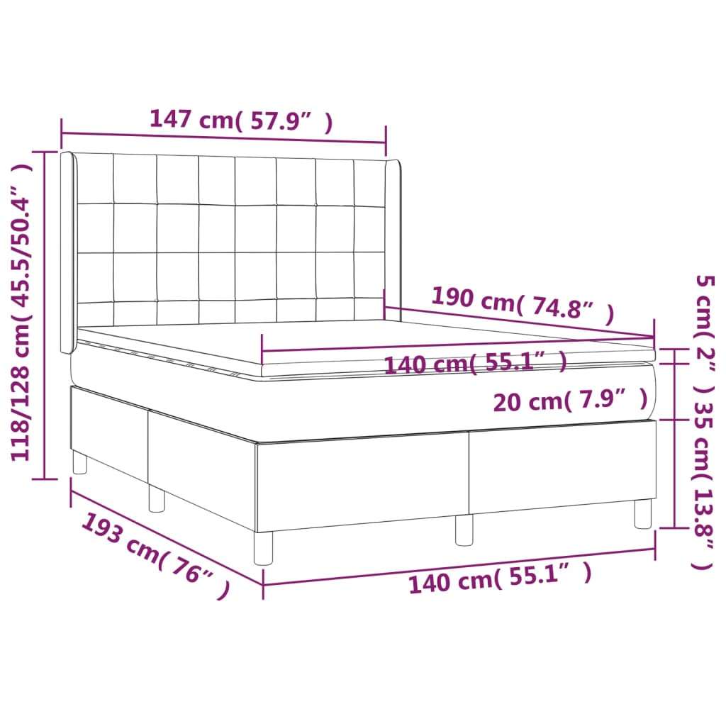 vidaXL Κρεβάτι Boxspring με Στρώμα & LED Σκ.Καφέ 140x190εκ. Υφασμάτινο