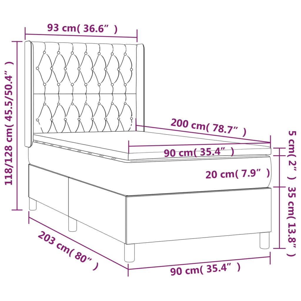 vidaXL Κρεβάτι Boxspring με Στρώμα & LED Σκ.Καφέ 90x200 εκ. Υφασμάτινο
