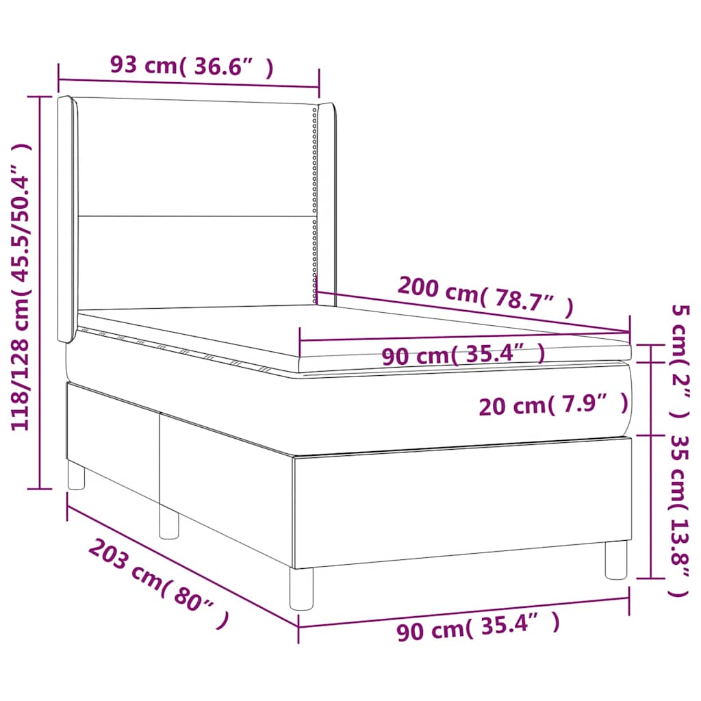 vidaXL Κρεβάτι Boxspring με Στρώμα & LED Σκ. Πράσινο 90x200 εκ Βελούδο