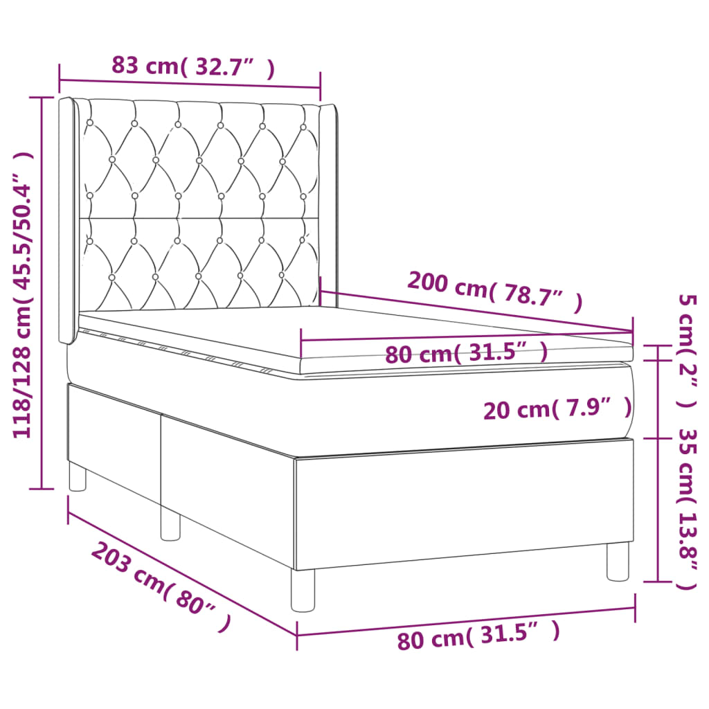 vidaXL Κρεβάτι Boxspring με Στρώμα & LED Σκ. Γκρι 80x200 εκ. Βελούδινο