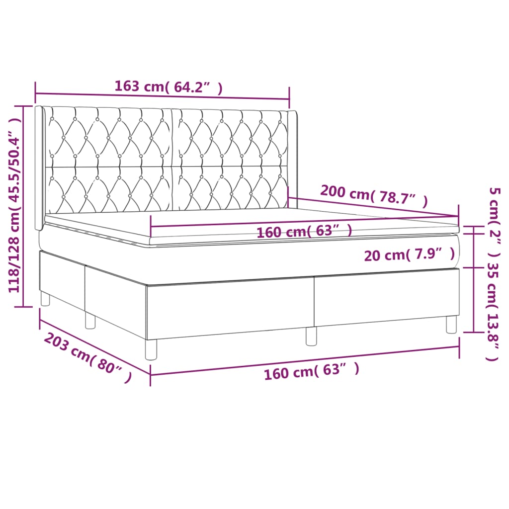 vidaXL Κρεβάτι Boxspring με Στρώμα & LED Αν.Γκρι 160x200 εκ. Βελούδινο